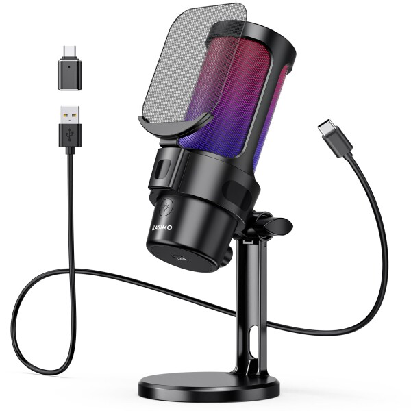 KASIMO USB コンデンサーマイク ゲーミングマイク PC マイク RGBライティング 音量調節ミュートボタン ヘッドホン出力端子あり 単一指向性 プラグ＆プレイ YouTube Skype ゲーム実況 ライブ配信の通販は 5,140円