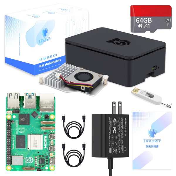 TRASKIT Raspberry Pi 5/ラズベリーパイ5 8GB 技適マーク付/64GB ラズベリーパイOSをプリインストール（公式アクティブクーラー）