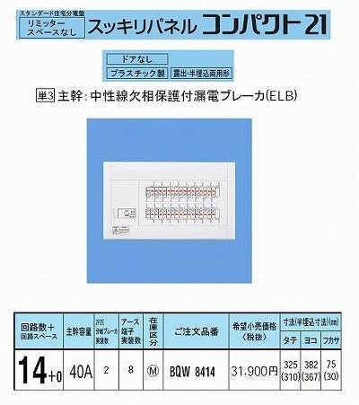 パナソニック スッキリパネル21 標準タイプ リミッタースペースなし 40A14+0 BQW8414