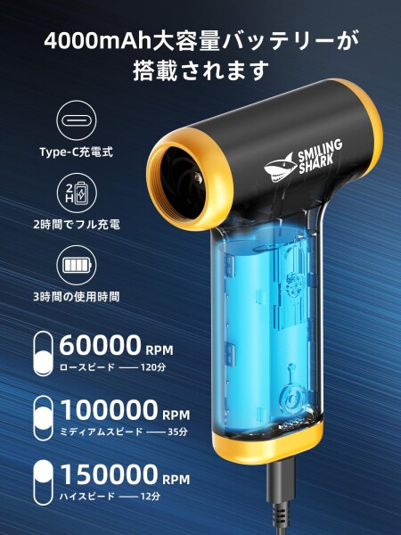Smiling Shark 電動エアダスター JF01,超強力エアダスター 150000RPM 無段階風量調整 LEDライト付き 吹き出し/吸い込み/空気入れ 長時間連続使用 ブラシ付き Type-C充電式 残量表示 自動OFF機能 小_4