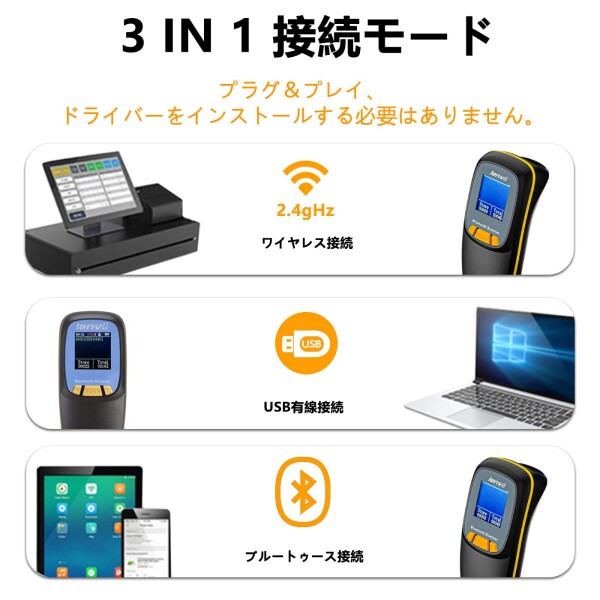 LENVII R777 バーコードスキャナー 1次元 2次元 バーコードリーダー USB有線/無線 2.4G Bluetooth ワイヤレス qrコードリーダー 図書館 店舗 物流 倉庫などに適用（ブラック）