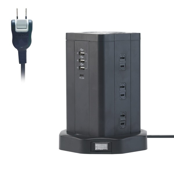 TOP-FLEX タワー式電源タップ 12AC充電口（110-125V）＋4USBポート（最大3.4A/5V）雷ガード 過負荷保護 省エネ PSE認証済 延長コード2m オフィス/家庭給電用 (Black)