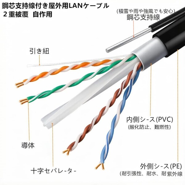 CAT6 支持線付 UTP 屋外用 LAN ケーブル ２重被覆 架空配線 自作用 屋外対応 防水 アウトドア 難燃性 耐候性 高耐久 PoE対応 (30M)_1