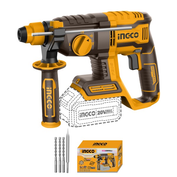 INGCO 20V ロータリーハンマー 22mm(本体のみ) ブラシレスモーター 4IN1 機能調整ノブ 1100RPM 5400BPM 2.0J 3本のドリルビットと1本のチゼル付き CRHLI20208の通販は