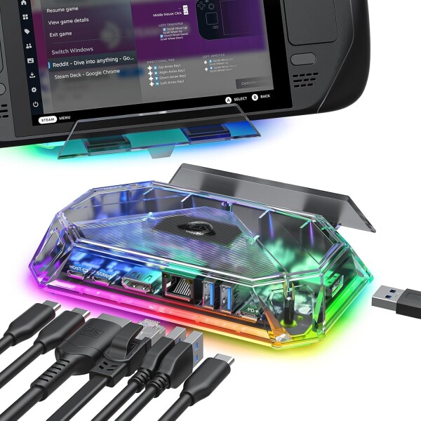 JSAUX RGB ドッキングステーション Steam Deck (OLED)/ROG Ally/Legion Go対応 8-in-1 USBC ドック 4K@60Hz HDMI、ギガビットイーサネット、USB C 3.0、デュアルUSB A 3.0、USB 2.0、100W USB C充電-クリスタル
