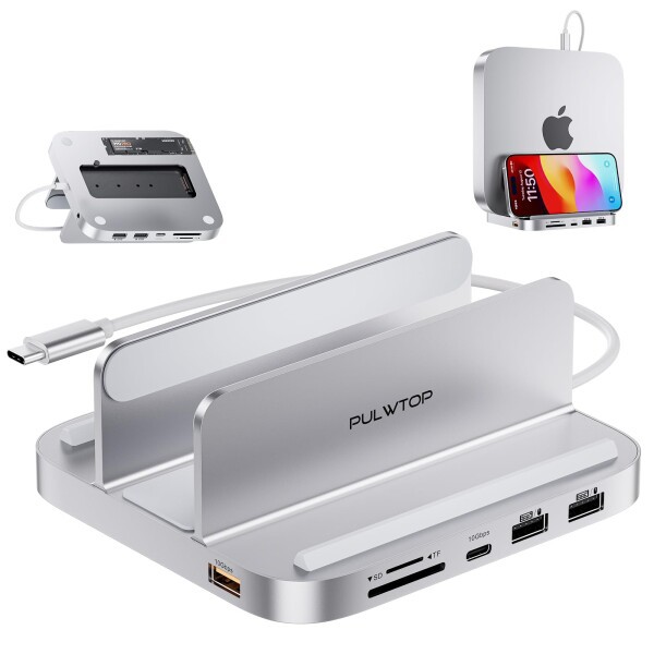 PULWTOP 8 in 1 USB C ハブ Mac Mini用 スタンド 縦置き 1 x USB-C/USB-A 3.2 gen 2 10Gbps, 2 x USB-A 2.0, 1 x 3.5mm Audio & Mic, 1 x SD/Micro SD, Mac Mini 拡張 M.2 PCIe SSDスロット付 (SSD含まれない) Mac Mini M1/ M2/ M2 Pro対応の通販は