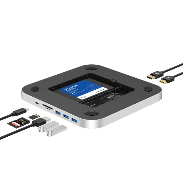 Qwiizlab デュアルドライブエンクロージャ ドッキングステーション付き Mac Mini用 10Gbps USB-Cハブ Mac Studio用 カードリーダー 104MB/秒 4K HDMI & DP M.2 NVMe/SATA SSD対応 2.5インチ SATA SSD/HDD (シルバー)