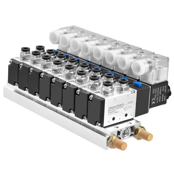 Heschen 一体型 8スペースマニホールド ソレノイドバルブ 4V210-08 DC24V G1/4インチ 5WAY 2ポジション ベースマフラー付 クイックフィッティングセットの通販は