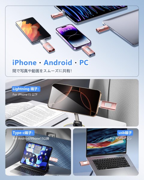 Phone用USBメモリ 4in1 USBメモリ512GB phone用外付けメモリ 高速USB3.0 タイプc usbメモリー IOS/Android/PC/Macに対応 phone兼用 バックアップ アプリ不要 スマホ usbメモリ phone 写真データ保存 スマホ容_3