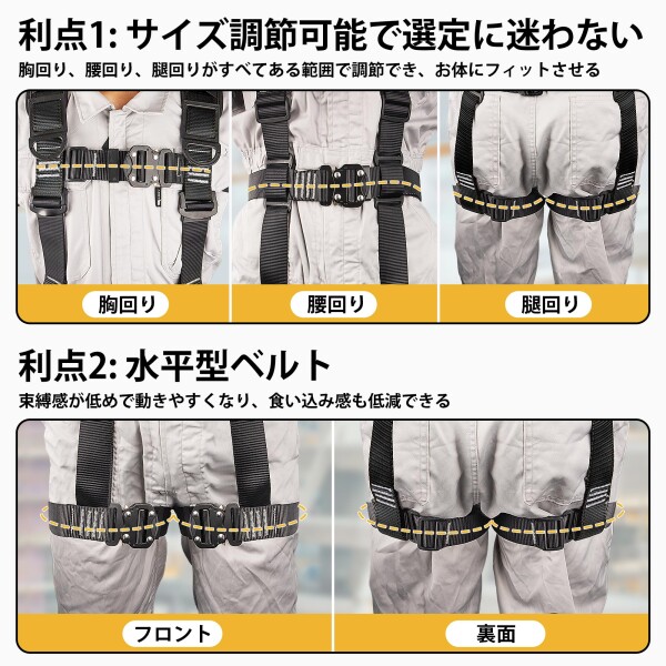 (TT TRSMIMA) フルハーネス安全帯 新規格 セット - ハーネス安全帯 ワンタッチ バックル 脱着簡単 二丁掛け ランヤード付き フルハーネスセット フリーサイズ 高所作業用 墜落制止用 黒_3