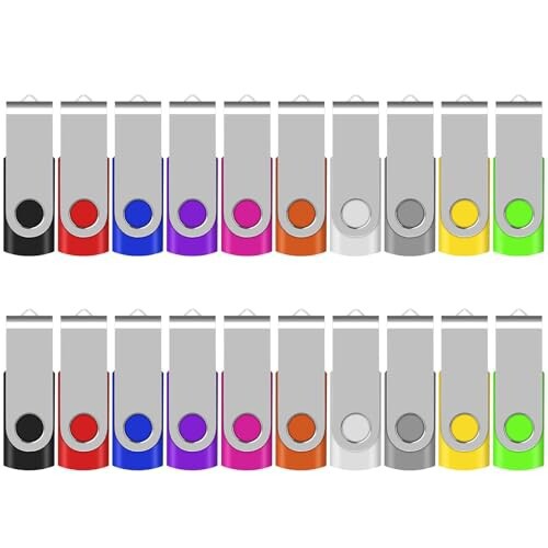 EASTBULL USBメモリ 16GB 20個セット フラッシュメモリー USB2.0 フラッシュドライブ 小型メモリースティック 360° 回転式 10色 ストラップ付き まとめ買い(16GB, 20個セット10色)