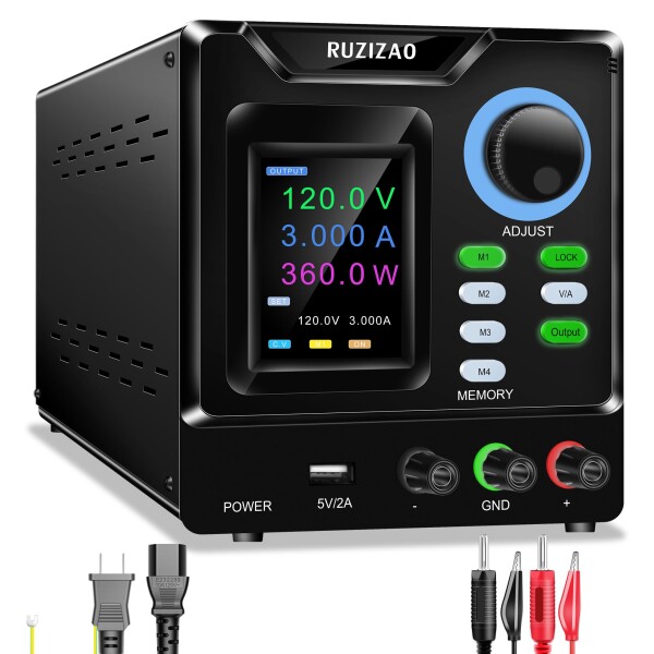 RUZIZAO 直流安定化電源、0-120V 0-3A電圧電流調整、出力制御押しボタン、エンコーダーノブ、4 組のストレージメモリ、5V/2A USB充電ポート、低リップル、多重電流電圧保護、ロックアウトボ