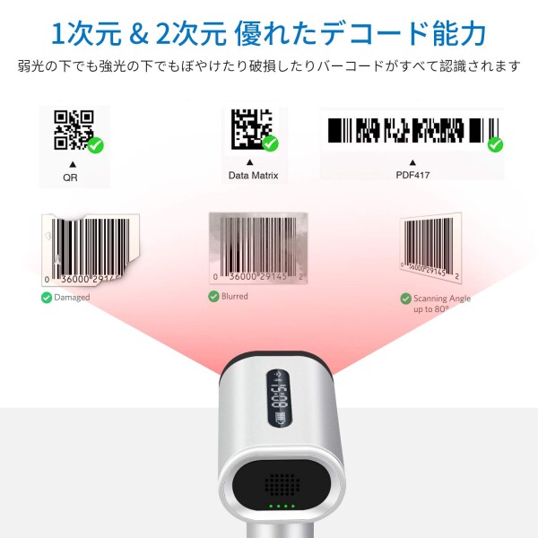 Alacrity ワイヤレス バーコードスキャナー LEDディスプレイ 時間表示でき、2次元 1次元 QR GS1 Databar コード 液晶読取対応、Bluetooth 2.4GHz 無線 USB 有線 接続、ハンズフリー 充電スタンド付き