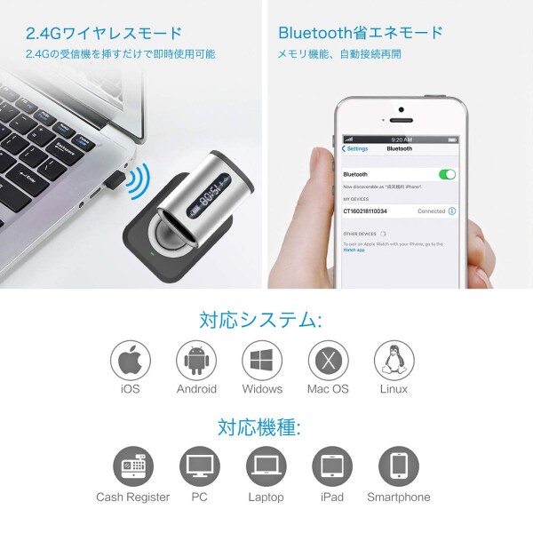 Alacrity ワイヤレス バーコードスキャナー LEDディスプレイ 時間表示でき、2次元 1次元 QR GS1 Databar コード 液晶読取対応、Bluetooth 2.4GHz 無線 USB 有線 接続、ハンズフリー 充電スタンド付き