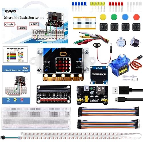 GeeekPi MicroBit 基本スターター キット、BBC Micro:Bit V2.2 ボード、DIY プログラミング STEM キット、コーディング エレクトロニクス モジュールおよびチュートリアル付き