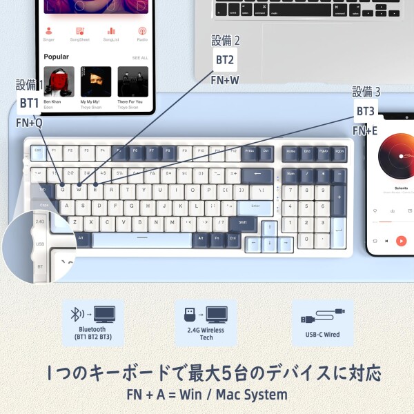 ZIYOU LANG K8 ゲーミングキーボード ワイヤレス メカニカルキーボード 100キー 赤軸 テンキー ホットスワップ対応 ガスケットマウント カスタムRGBバックライト 2.4Ghz/ Bluetooth 5.0/Type-C有線 Win_2