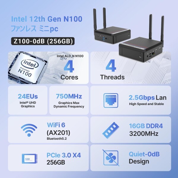 MINIX NEO Z100-0dB ファンレスミニpc,インテル第12世代 n100,最大3.40GHz,