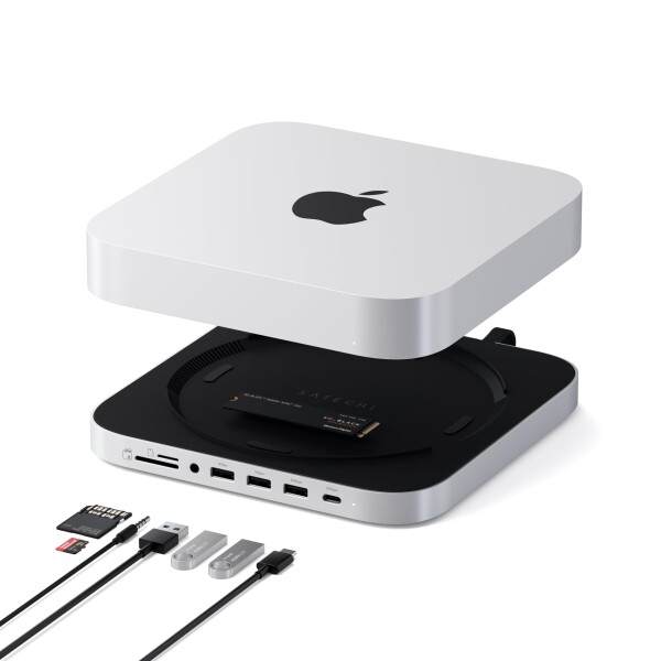 SATECHI Mac Mini ドッキングステーション ハブ & スタンド NVME/SATA M.2用SSDエンクロージャー USB C 10Gbps USB A 3ポート 5/10Gbps高速データ転送 2.0オーディオジャック搭載 Mac Studio Mac Mini M2/M1 対応 (M4