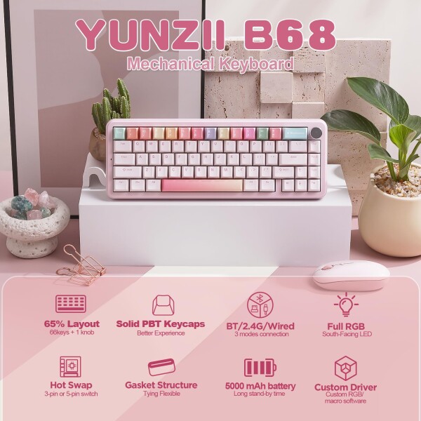 YUNZII B87 キーボード ピンク ワイヤレスメカニカル ゲーミング
