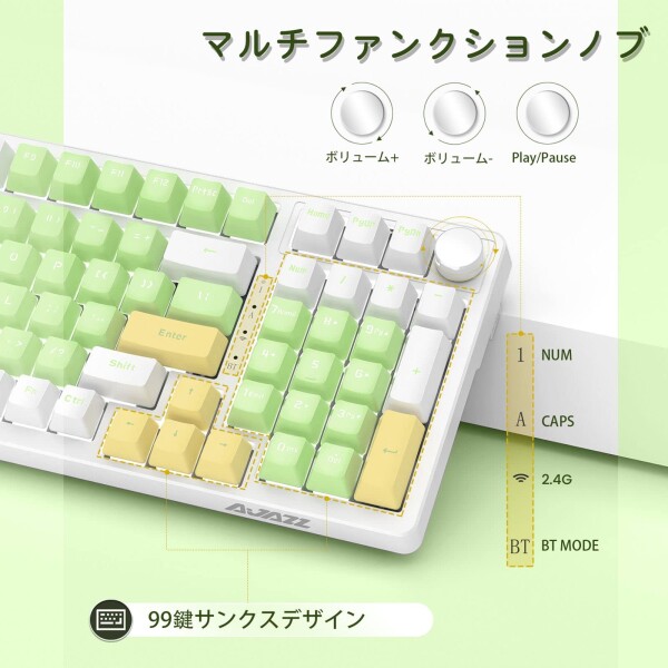 A.JAZZ AK992 メカニカルゲームキーボード BT5.0/ワイヤレス2.4Ghz/有線Type-C サイドスライドスイッチ 赤軸 99キーアンチゴーストキー ホットプラグ設計 GASKET構造 PBTキーキャップ ボリュームノ_4