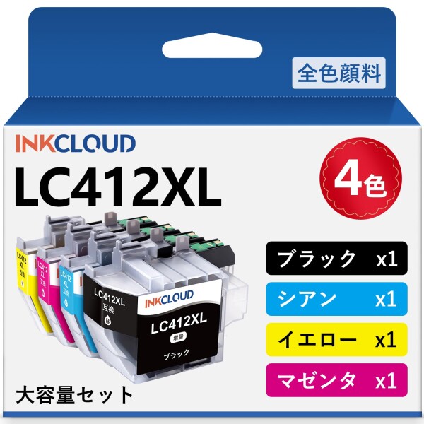 LC412 LC412XL インク ブラザー 用 LC412XL-4PK 全色顔料 インクカートリッジ LC412XLBK 合計 4色パック 対応 プリンター Brother MFC-J7100CDW MFC-J7300CDW LC412-4PK 大容量 互換 残量表示 日本語取扱説明書付