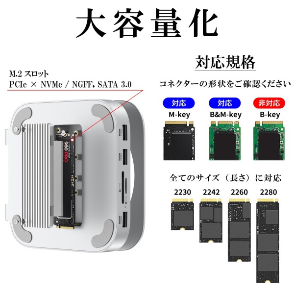 アトラス Mac mini M4 / M4 Proドッキングステーション 2024 (型番：MC60H) / M.2 スロット HDMI 2画面対応 ヒートシンク（アルミ合金）/ USB TypeA ×3 SD microSDカードリーダー/電源ボタンが押せる macmini_4