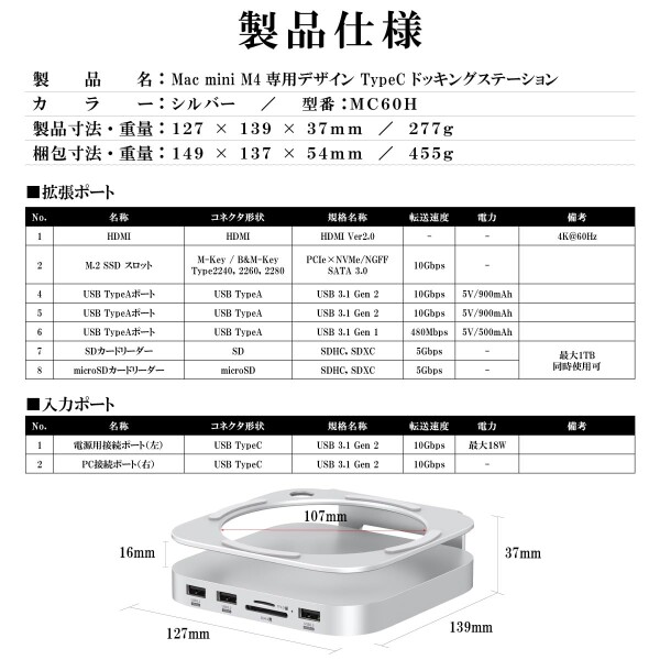 アトラス Mac mini M4 / M4 Proドッキングステーション 2024 (型番：MC60H) / M.2 スロット HDMI 2画面対応 ヒートシンク（アルミ合金）/ USB TypeA ×3 SD microSDカードリーダー/電源ボタンが押せる macmini_6