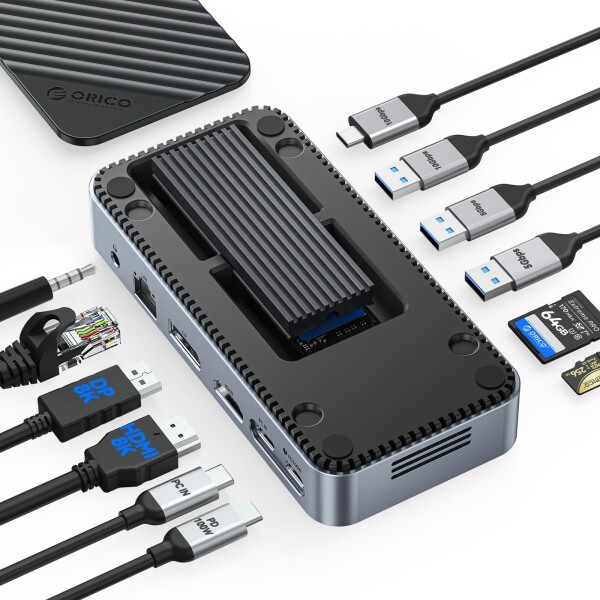 ORICO 12-in-1 USB C ハブ M.2 SSDケース ドッキングステーション 内蔵ファン付き 10Gbps USB-C & USB-Aポート、HDMI & DP、ギガビットイーサネット、100W PD、SD/TFカードリーダー、オーディオ/マイクポ