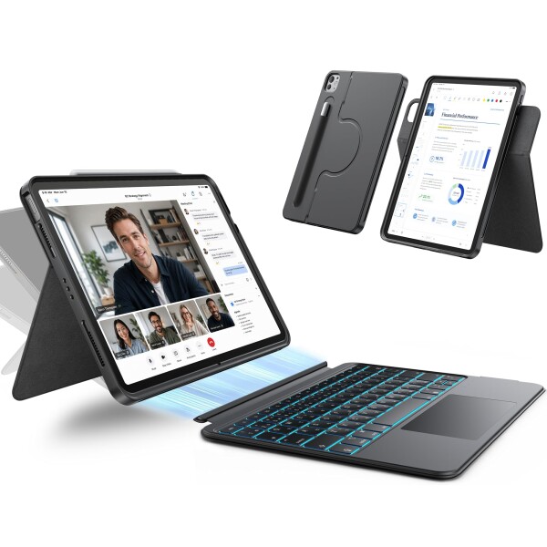 HOU対応 iPad 11インチA16 2025/10世代 ケース キーボード、iPad第11/10世代用回転式＆着脱式キーボードケース、伸縮性ペンホルダー、完全保護カバー、7色バックライト、マルチタッチトラック