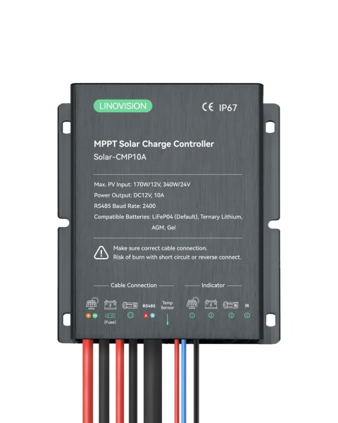 LINOVISION 12V/24V 10A MPPT ソーラー充電コントローラー、RS485対応、遠隔管理/クラウドアクセス機能付き、ソーラー式カメラシステム、街灯、ソーラートレーラー、防災予備用