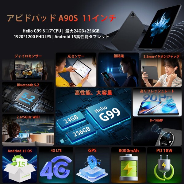 アビドパッド A90S タブレット simフリー Helio G99 Tablet 11インチ RAM24GB+ROM256GB Android Tablet 1920x1200解像度 Tablet GPS搭載 ジャイロセンサ/光センサ/顔認識 WiFi/BT5.2/OTG 8000mAh 3.5 mmイヤホン simフリーT_6