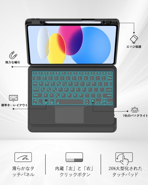 SENGBIRCH iPad A16 第11世代 ケース キーボード付き 高精度タッチパッド付き iPad 10世代 キーボード ケース 横/縦置き対応 7色バックライト 3台デバイス切り替え可能 磁気吸着 分離式 アイパッ_5