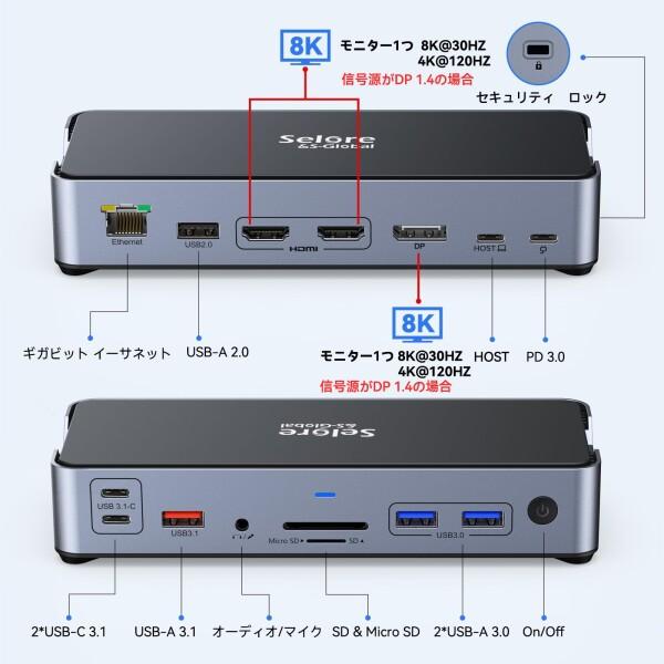 USB C ドッキングステーション type c 2*HDMI 4K デュアル トリプルディスプレイ100W 急速充電 DP/有線LAN RJ45/3.5mm オーディオジャック/USB-A 3.1/3.0/2*USB-C 3.1/PD+SD&TFカードスロット LEDインジケータ io_1