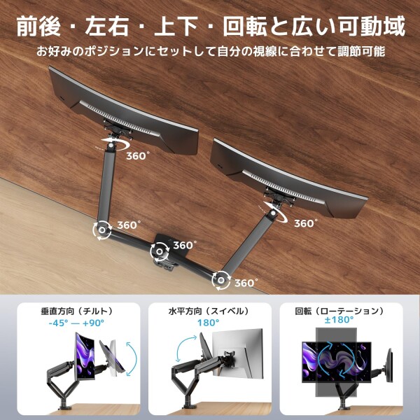 NearHub デュアルモニターアーム 2画面 液晶ディスプレイアーム 35インチまで 耐荷重13kg VESA規格対応 75×75mm/100×100mm 縦横両用 多角度調節 ガススプリング式 クランプ式＆グロメット式 ケー_3