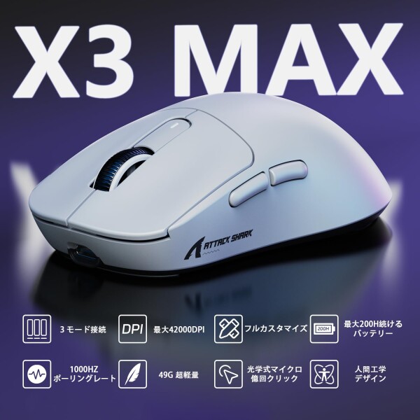 MAMBASNAKE×ATTACK SHARK X3 MAX 3モードマウス Pixart PAW3950 光学式センサー 光マイクロスイッチ 有線/2.4G無線/Bluetooth ダブルチャンネルBT5.4 42000DPI 750IPS 50G最大加速度 一億回クリック寿命 49±3g超軽