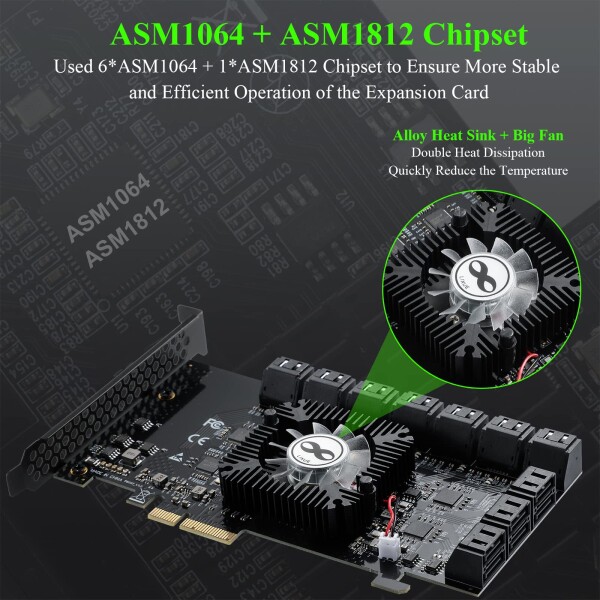 PCIE 4X SATA 20ポートカード、Windows XP/Server 2003/Vista/7/8/10/Linux用20 SATAケーブル非レイ延長SATA 3.0コントローラカードへの6 Gbit/s PCI Express (ASM1064 + ASM1812)_2