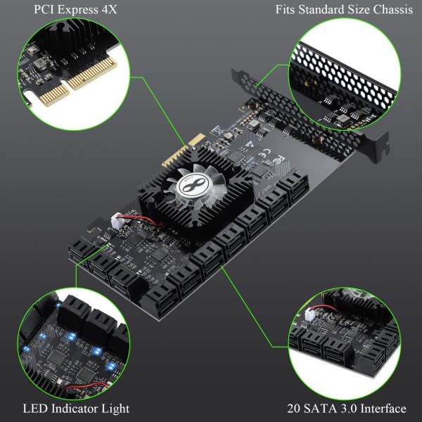 PCIE 4X SATA 20ポートカード、Windows XP/Server 2003/Vista/7/8/10/Linux用20 SATAケーブル非レイ延長SATA 3.0コントローラカードへの6 Gbit/s PCI Express (ASM1064 + ASM1812)_3
