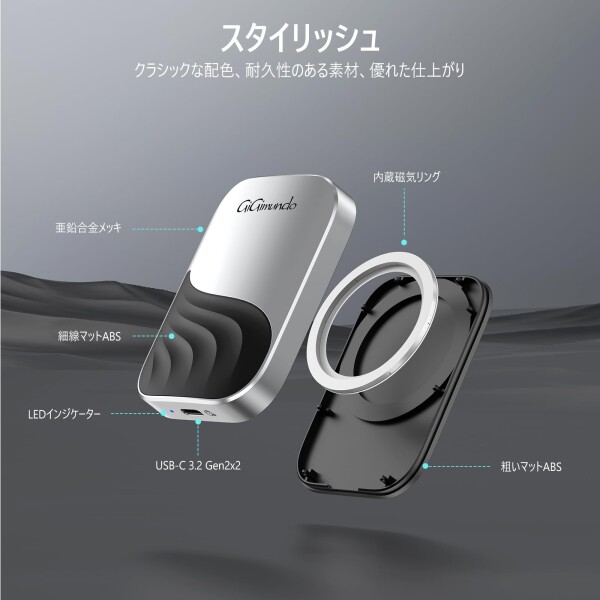 GiGimundo M20 2TBマグネット式 ポータブルSSD 2000 MB/s、USB 3.2 Gen