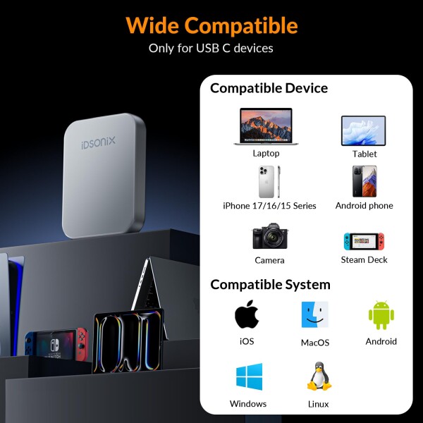 iDsonix 2TB マグネット式外付けSSD、最大2000MB/秒、USB Type-C 3.2 Gen 2x2搭載外付けソリッドステートドライブ、iPhone 17/16/15/PS5/Mac/Windows/Android/ノートパソコン/タブレット対応ポータブルストレー_6