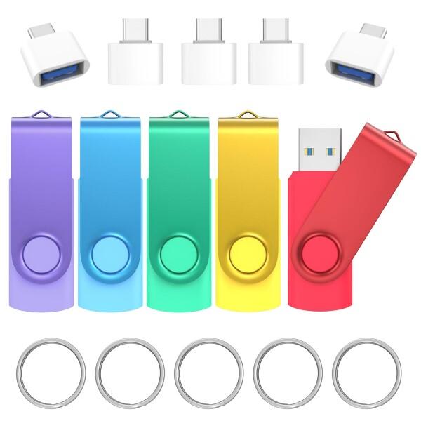 USBメモリ 32GB 5個セット Wooolken USB3.0 超高速 データ転送 360度回転式設計 ?Type-C変換アダプタとーキーホルダー付き フラッシュドライブ(5色)