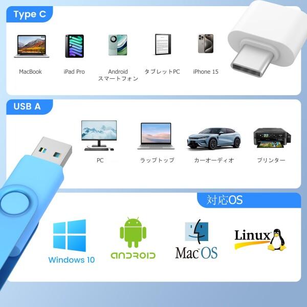 USBメモリ 128GB 2個セット Wooolken USB3.0 超高速 データ転送 360度回転式設計 ?Type-C変換アダプタとーキーホルダー付き フラッシュドライブ(2色)_6