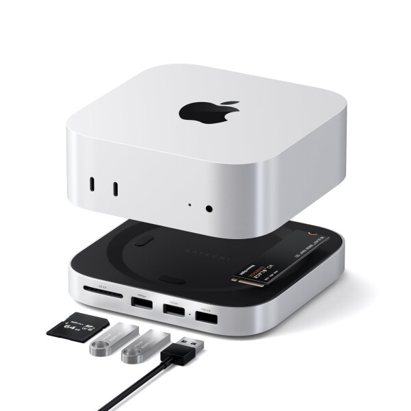 SATECHI Mac Mini M4 ハブ & スタンド NVMe SSD エンクロージャー搭載｜M4 Mac Mini ドッキングステーション 最大10Gbps 高速データ転送 USB-A x2・USB-Aデータポート・SDカードリーダー対応（M4 対応）-