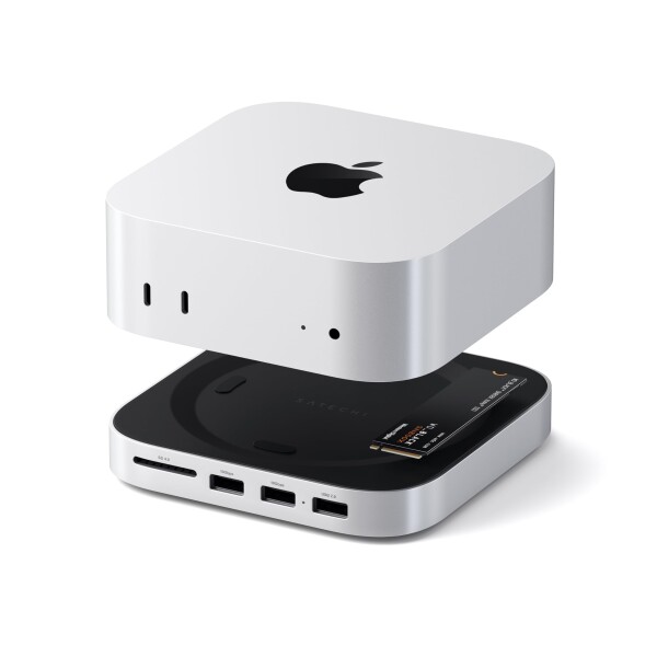 SATECHI Mac Mini M4 ハブ & スタンド NVMe SSD エンクロージャー搭載｜M4 Mac Mini ドッキングステーション 最大10Gbps 高速データ転送 USB-A x2・USB-Aデータポート・SDカードリーダー対応（M4 対応）-