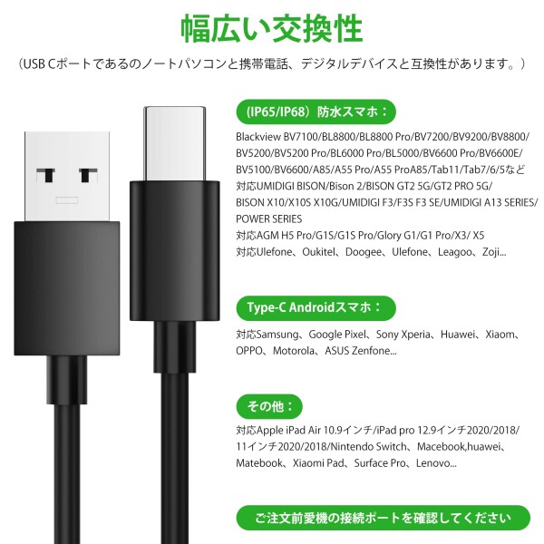 USB Type C ケーブル 2M2本 急速充電 データ転送 10mm長いタイプC