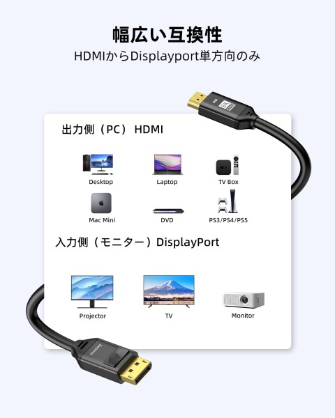 8K HDMI to DisplayPort ケーブル 4K@120Hz USB 電源対応 Xbox Series X PS4 PS5 PS4 Pro HDMI 2.1 to DisplayPort 1.4 アダプター ケーブル 2m、単方向 HDMI to DP_4