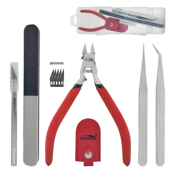 HOUSERAN プラモデル 片刃ニッパー 工具セット11点セット かたばニッパー 薄刃 ガンプラ 模型用 120mm 精密 収納ケース付き 初心者向け プラモデル制作 ガンプラ水口処理に最適 赤