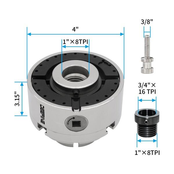 DEEFINE 4インチ木工旋盤チャックキット1''X 8 TPIネジと3/4''X 16 TPIアダプタ、ニッケルメッキ自定心4爪木工旋削チャック（1つのニップ）_4