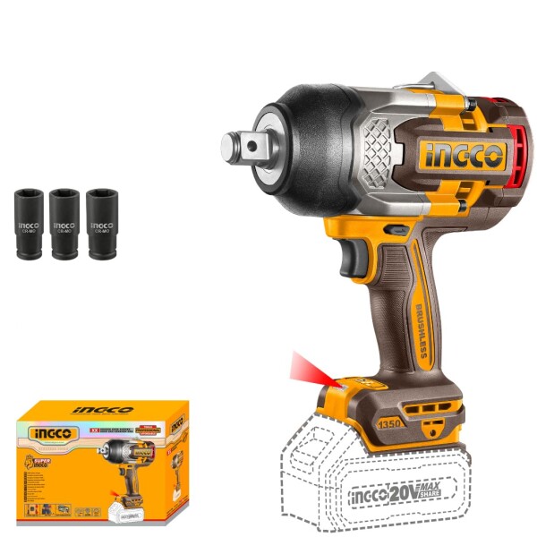 INGCO 20V コードレスハイトルクインパクトレンチ 1350Nm(本体のみ) 3/4インチ電動インパクトガン ブラシレスモーター 3個のソケッ付き CIWLI201351