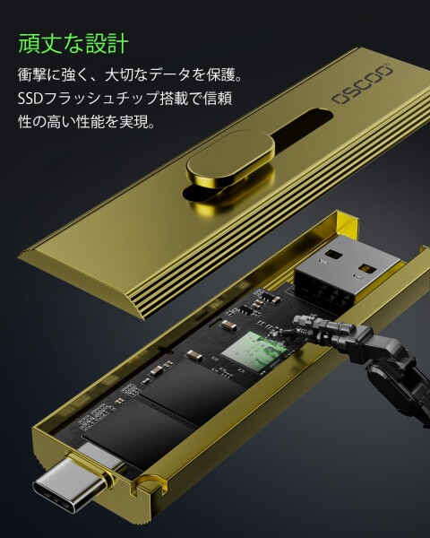 OSCOO 1TB 外付けSSD タイプC ? 最大1000MB/s、の4K 60fps ProResに対応｜USB 3.2 Gen2 USBメモリ小型、スライド式コネクタ デュアルUSB-C &amp; USB-Aポート｜ポータブルSSDスライド式コネクタ｜iPhone 15/16/17、_3