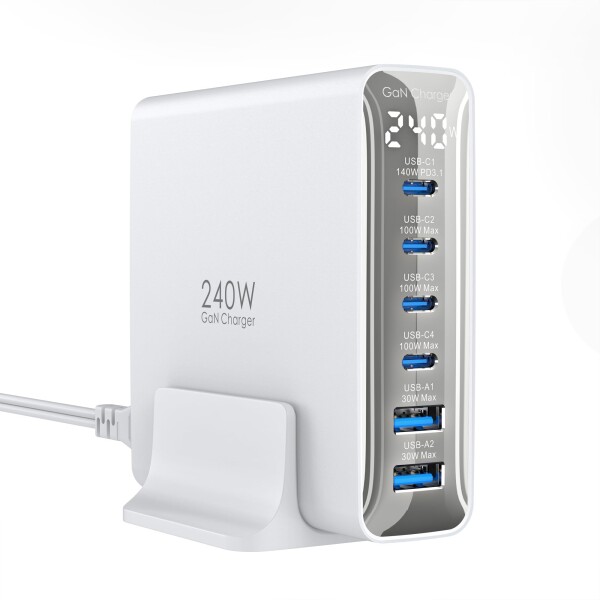 TOPADRE 240w 充電器 PD3.1対応 6ポート同時急速充電USB コンセント GaNFastIII 対応 PCに急速充電対応 MacBook Pro14”/16” 対応 Macbook M4/iPad Pro/iPhone 16/15/Galaxy/Android/その他 (ホワイト)